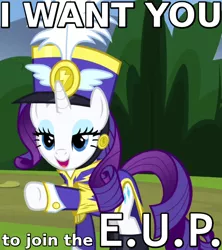 Size: 640x720 | Tagged: safe, derpibooru import, screencap, rarity, pony, unicorn, testing testing 1-2-3, ancient wonderbolts uniform, caption, clothes, cropped, female, image macro, lidded eyes, mare, meme, pointing, propaganda, raised hoof, sgt. rarity, shako, solo, uniform