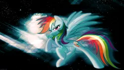 Size: 1920x1080 | Tagged: artist:kinetic-arts, derpibooru import, rainbow dash, safe, solo, space, stars, wallpaper