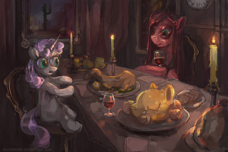 Size: 1500x1000 | Tagged: semi-grimdark, artist:bloodrizer, derpibooru import, applejack, pinkie pie, rainbow dash, sweetie belle, pony, unicorn, candle, cooked, dark, decapitated, dinner, female, filly, food, hannibal, horse meat, implied cannibalism, mare, meat, painting, pinkamena diane pie, ponies eating meat, pony as food, severed head, sharp horn, special eyes, wine