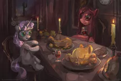 Size: 1500x1000 | Tagged: semi-grimdark, artist:bloodrizer, derpibooru import, applejack, pinkie pie, rainbow dash, sweetie belle, pony, unicorn, candle, cooked, dark, decapitated, dinner, female, filly, food, hannibal, horse meat, implied cannibalism, mare, meat, painting, pinkamena diane pie, ponies eating meat, pony as food, severed head, sharp horn, special eyes, wine
