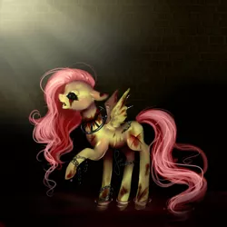 Size: 2000x2000 | Tagged: grimdark, artist:saoiirse, derpibooru import, fluttershy, pegasus, pony, amnesia the dark descent, amnesiashy, black sclera, blood, chains, collar, crepuscular rays, crying, dark, female, floppy ears, gore, injured, mare, open mouth, raised hoof, raised leg, scar, signature, solo, spread wings, tears of blood, torn ear, wings