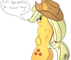 Size: 971x823 | Tagged: suggestive, artist:xxxsketchbookxxx, derpibooru import, applejack, pony, semi-anthro, bedroom eyes, bipedal, blushing, cowboy hat, female, hat, looking back, plot, simple background, solo, solo female, speech bubble