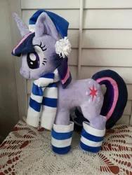 Size: 774x1032 | Tagged: artist:cinnamon-stitch, clothes, derpibooru import, irl, photo, plushie, safe, scarf, socks, solo, striped socks, twilight sparkle