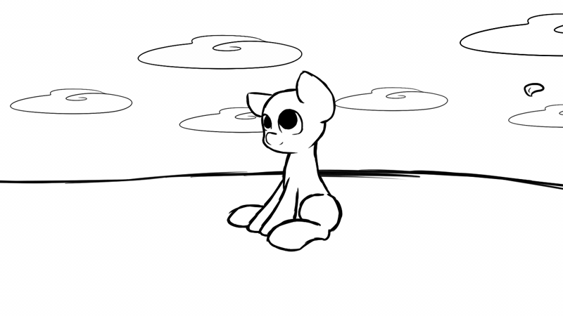 Size: 1280x720 | Tagged: animated, artist:lightningnickel, bald, base pony, cloud, cloudy, cute, ear twitch, eyes on the prize, floppy ears, frown, monochrome, :o, raised hoof, safe, sitting, smiling, solo, wip