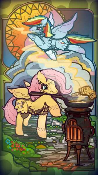 Size: 768x1366 | Tagged: artist:nyrx, derpibooru import, fluttershy, frying pan, rainbow dash, safe, stained glass, waffle