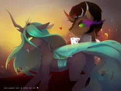 Size: 2400x1800 | Tagged: safe, artist:antiander, derpibooru import, king sombra, queen chrysalis, changeling, changeling queen, pony, umbrum, unicorn, bugbutt, chrysombra, curved horn, digital art, drool, female, heart, looking back, male, open mouth, plot, shipping, smiling, straight, tongue out