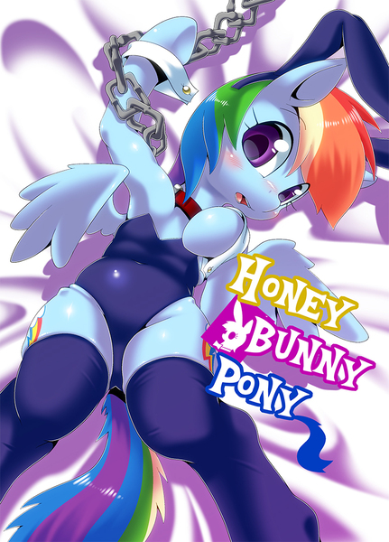 Size: 777x1081 | Tagged: suggestive, artist:oze, derpibooru import, rainbow dash, pegasus, pony, semi-anthro, armpits, bed, blushing, bunny ears, bunny suit, chains, clothes, collar, cuffs, fake ears, female, image, jpeg, leotard, looking at you, lying down, mare, on back, open mouth, playboy bunny, playboy bunny rainbow dash, solo, solo female, stockings, text, underhoof