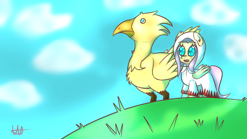 Size: 2560x1440 | Tagged: artist:wolfy-pony, chocobo, crossover, derpibooru import, final fantasy, fluttershy, safe, white mage