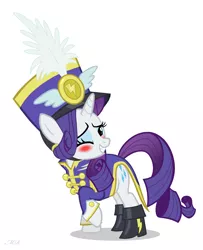 Size: 1722x2118 | Tagged: safe, artist:maxressor, derpibooru import, rarity, pony, unicorn, testing testing 1-2-3, ancient wonderbolts uniform, blushing, boots, clothes, female, hat, mare, one eye closed, raised hoof, s04e21, sgt. rarity, shako, shoes, simple background, solo, uniform, white background, wink