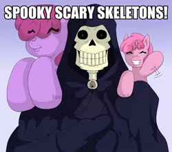 Size: 629x556 | Tagged: safe, artist:mr-101, derpibooru import, berry punch, berryshine, ruby pinch, earth pony, pony, 2spooky, andrew gold, caption, female, filly, grim reaper, image macro, jontron thread, mare, meme, skeleton, spooky thread