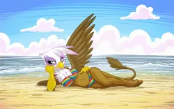Size: 2560x1600 | Tagged: suggestive, artist:mysticalpha, derpibooru import, gilda, anthro, gryphon, plantigrade anthro, beach, belly button, bikini, breasts, clothes, commission, draw me like one of your french girls, female, rainbow swimsuit, side, solo, solo female, sultry pose, swimsuit, wallpaper