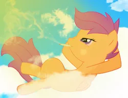 Size: 1617x1243 | Tagged: artist:evo, cloud, cloudy, derpibooru import, drugs, safe, scootaloo, sky, smoke, solo, sun, vector