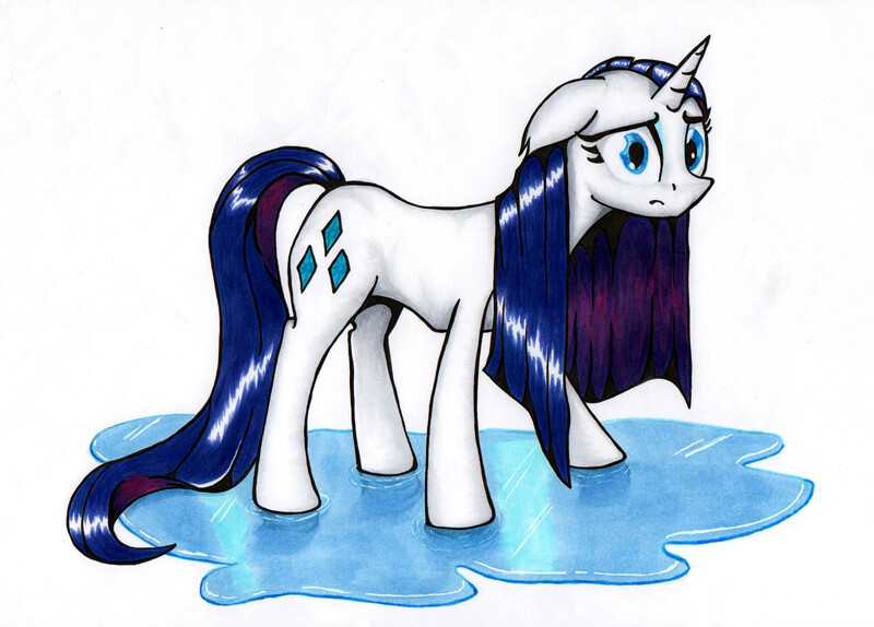 Size: 3375x2422 | Tagged: artist:dgcdvaras, derpibooru import, high res, rarity, safe, scene interpretation, solo, traditional art, wet, wet mane, wet mane rarity