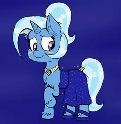 Size: 800x820 | Tagged: safe, artist:ichibangravity, derpibooru import, trixie, pony, unicorn, alternate hairstyle, blushing, chest fluff, clothes, dress, ear fluff, female, mare, necklace, ponytail, raised hoof, shoes, solo, tail ring, unshorn fetlocks