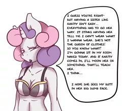 Size: 1280x1116 | Tagged: anthro, artist:somescrub, ask nudist sweetie belle, barely legal, breasts, busty sweetie belle, cleavage, derpibooru import, dialogue, explicit source, female, older, simple background, solo, solo female, speech bubble, suggestive, sweetie belle