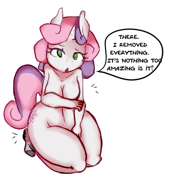Size: 1280x1312 | Tagged: anthro, artist:somescrub, ask nudist sweetie belle, barely legal, breasts, derpibooru import, dialogue, female, nudity, older, questionable, simple background, socks, solo, solo female, speech bubble, sweetie belle