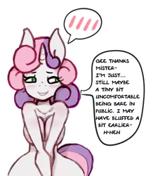 Size: 1280x1359 | Tagged: anthro, artist:somescrub, ask nudist sweetie belle, barely legal, big breasts, breasts, breast squeeze, busty sweetie belle, derpibooru import, female, nudity, older, simple background, solo, solo female, strategically covered, suggestive, sweetie belle, teasing