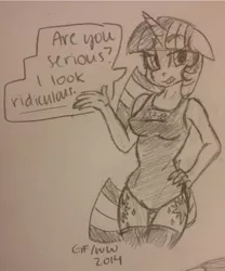 Size: 858x1032 | Tagged: anthro, artist:grayflower, breasts, clothes, derpibooru import, dialogue, female, grayscale, monochrome, one-piece swimsuit, ridiculous, school swimsuit, simple background, solo, speech bubble, suggestive, swimsuit, thigh highs, traditional art, twilight sparkle