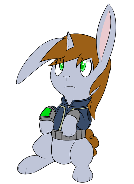 Size: 2021x2779 | Tagged: artist:erthilo, clothes, derpibooru import, fallout equestria, fanfic, fanfic art, female, horn, oc, oc:littlepip, pipbuck, rabbit, safe, simple background, solo, species swap, unofficial characters only, vault suit, white background