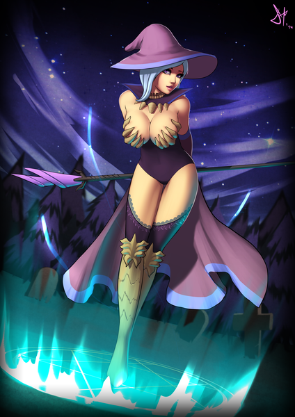 Size: 3508x4961 | Tagged: armor, artist:deilan12, big breasts, bone, boots, breasts, busty trixie, cape, cleavage, clothes, female, forest, graveyard, hat, huge breasts, human, humanized, lace, leotard, looking at you, magic, magic circle, magician outfit, misleading thumbnail, sexy, sky, smiling, solo, solo female, staff, stars, stockings, suggestive, thigh highs, tree, trixie, unconvincing armor