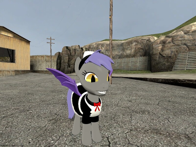 Size: 1024x768 | Tagged: safe, artist:krautalicornss, derpibooru import, oc, oc:midnight blossom, unofficial characters only, bat pony, pony, 3d, clothes, gmod, maid, royal guard, smiling, solo