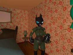 Size: 1024x768 | Tagged: 3d, angry, anthro, artist:krautalicornss, bed, bodysuit, breasts, changeling, courage the cowardly dog, derpibooru import, female, lamp, mask, pyro, solo, suggestive, team fortress 2