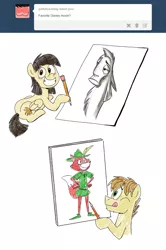 Size: 479x720 | Tagged: safe, artist:sibsy, derpibooru import, wild fire, oc, oc:mandopony, fox, llama, ask, disney, female, kuzco, male, mandofire, pencil, robin hood, shipping, sketch, straight, the emperor's new groove, tongue out, tumblr