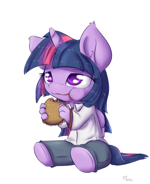 Size: 900x1100 | Tagged: alicorn, anthro, artist:alasou, chibi, derpibooru import, eating, food, hay burger, safe, simple background, solo, transparent background, twilight burgkle, twilight sparkle, twilight sparkle (alicorn), unguligrade anthro