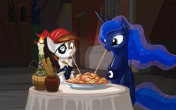 Size: 2560x1600 | Tagged: safe, artist:mysticalpha, derpibooru import, pipsqueak, princess luna, alicorn, earth pony, pony, candle, eating, female, food, lady and the tramp, lunapip, male, messy, pipsqueak eating spaghetti, shipping, sitting, smiling, spaghetti, spaghetti scene, straight, wallpaper