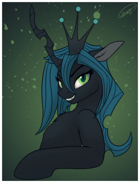 Size: 1911x2500 | Tagged: abstract background, artist:skipsy, bust, changeling, changeling queen, chest fluff, crown, cute, cutealis, cute little fangs, derpibooru import, fangs, female, jewelry, looking at you, queen chrysalis, regalia, safe, smiling, solo