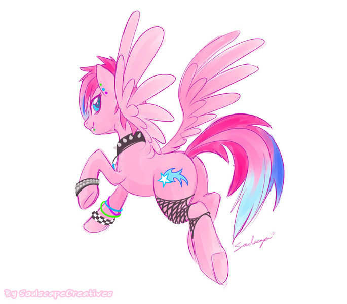 Size: 800x701 | Tagged: safe, artist:soulscapecreatives, derpibooru import, oc, oc:shooting star, unofficial characters only, pegasus, pony, bracelet, earring, fishnets, highlights, hooves, lip piercing, looking back, piercing, pink, plot, punk, raised hoof, raised leg, smiling, solo, spiked choker, spread wings, underhoof