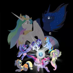 Size: 1000x1000 | Tagged: safe, artist:fire-topaz, derpibooru import, applejack, fluttershy, pinkie pie, princess celestia, princess luna, rainbow dash, rarity, twilight sparkle, twilight sparkle (alicorn), alicorn, pony, princess twilight sparkle (episode), female, glow, mane six, mare, mystery box of plot importance, welovefine