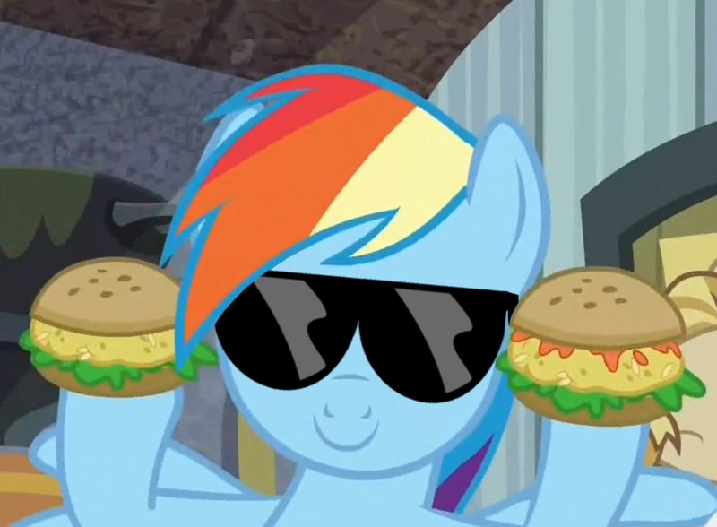 Size: 1016x747 | Tagged: burger, edit, jeff letrotski, oat burger, rainbow dash, safe, screencap, solo, sunglasses, trade ya