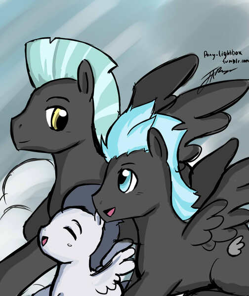 Size: 1076x1281 | Tagged: safe, artist:pony-lightbox, derpibooru import, rumble, thunderclap, thunderlane, pegasus, pony, ask the thunderbros, brothers, cloud, cloudy, colt, cute, eyes closed, flying, male, open mouth, siblings, smiling, spread wings, stallion, trio, tumblr