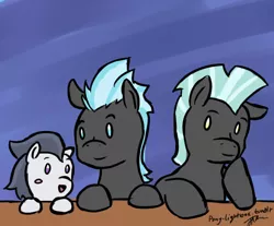 Size: 650x538 | Tagged: safe, artist:pony-lightbox, derpibooru import, rumble, thunderclap, thunderlane, pegasus, pony, ask the thunderbros, :d, blush sticker, blushing, brothers, cute, leaning, male, open mouth, siblings, smiling, stallion, trio, tumblr