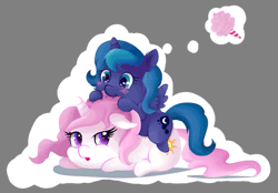 Size: 737x513 | Tagged: safe, artist:artist-apprentice587, derpibooru import, princess celestia, princess luna, pony, animated, biting, cewestia, cotton candy, cute, duo, ear fluff, eye shimmer, filly, floppy ears, food, hair bite, hnnng, lunabetes, mane bite, nom, open mouth, pictogram, ponies riding ponies, prone, raised eyebrow, silly, silly pony, smiling, sweet dreams fuel, thought bubble, weapons-grade cute, woona