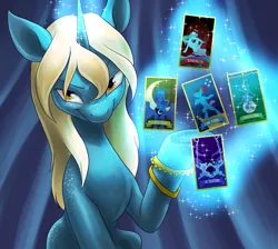 Size: 2589x2317 | Tagged: safe, artist:pixel-prism, derpibooru import, princess luna, oc, oc:flickering oracle, pony, unicorn, magic, solo, tarot card