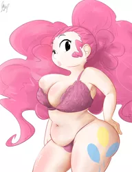 Size: 1000x1300 | Tagged: armpits, artist:sanders, belly button, big breasts, bra, breasts, busty pinkie pie, chubby, cleavage, clothes, fat, female, human, humanized, lips, panties, pinkie pie, plump, pudgy pie, solo, solo female, suggestive, underwear