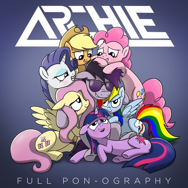 Size: 1280x1280 | Tagged: album cover, applejack, archie v, artist:petirep, bedroom eyes, derpibooru import, fluttershy, mane six, oc, oc:archie, pinkie pie, pun, rainbow dash, rarity, safe, twilight sparkle