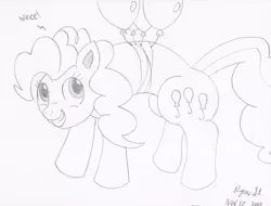 Size: 1322x1005 | Tagged: safe, artist:mc-ryan, derpibooru import, pinkie pie, earth pony, pony, 30 minute art challenge, balloon, cute, floating, grin, happy, monochrome, simple background, smiling, solo, then watch her balloons lift her up to the sky, traditional art, white background