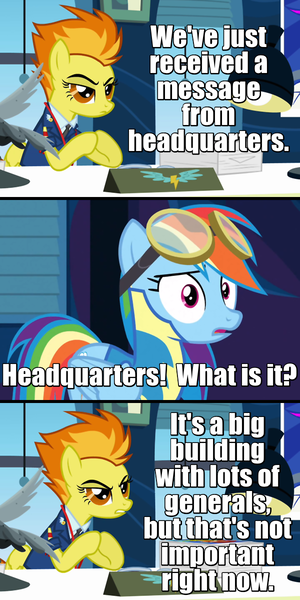 Size: 600x1200 | Tagged: safe, derpibooru import, edit, edited screencap, screencap, rainbow dash, spitfire, pegasus, pony, wonderbolts academy, airplane!, caption, clothes, desk, goggles, office, paperwork, text, uniform, window, wonderbolt trainee uniform