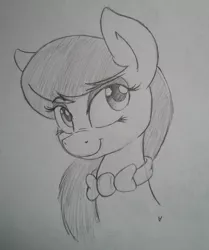 Size: 1260x1504 | Tagged: safe, artist:asai-gomen, derpibooru import, octavia melody, earth pony, pony, bowtie, bust, eyebrows visible through hair, female, mare, monochrome, smiling, solo, traditional art