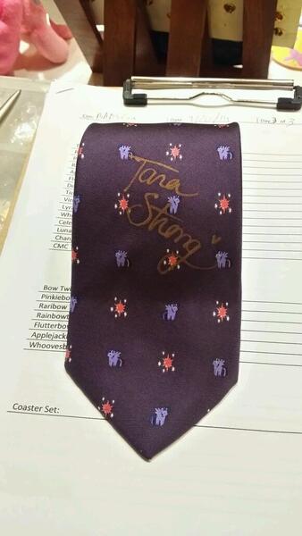 Size: 581x1032 | Tagged: autograph, babscon, convention, custom, derpibooru import, irl, mylittleties, necktie, photo, safe, tara strong