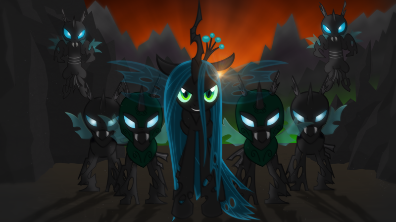 Size: 1920x1080 | Tagged: artist:ackdari, artist:aelioszero, artist:nabbiekitty, changeling, changeling queen, dark, derpibooru import, female, lens flare, looking at you, queen chrysalis, safe, shadow, vector, wallpaper