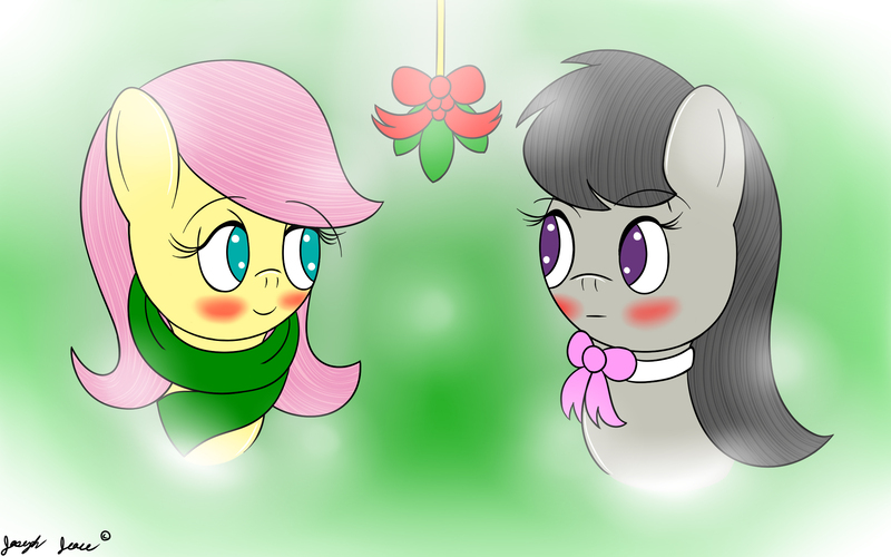 Size: 2400x1500 | Tagged: artist:jcace, blushing, clothes, crack shipping, female, fluttershy, fluttertavia, holly, holly mistaken for mistletoe, lesbian, octavia melody, safe, scarf, shipping