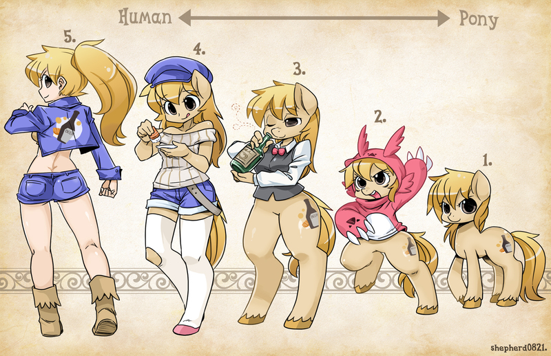 Size: 1600x1035 | Tagged: safe, artist:shepherd0821, derpibooru import, oc, unofficial characters only, anthro, human, pony, semi-anthro, unguligrade anthro, alcohol, anthro chart, anthro with ponies, bipedal, boots, clothes, drinking, final fight, hat, humanized, jacket, kneesocks, lucia morgan, midriff, ponytail