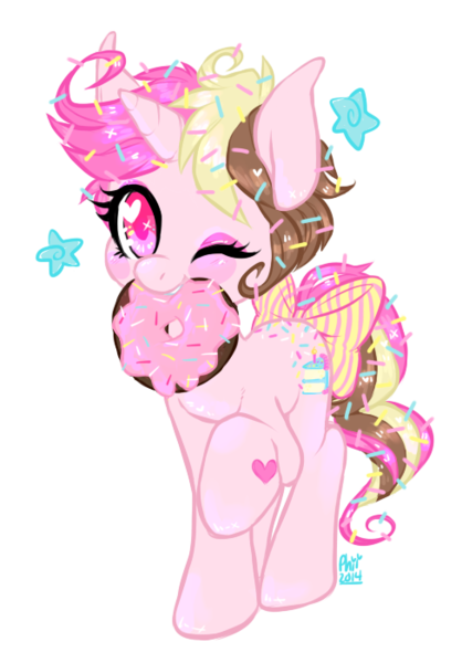 Size: 488x701 | Tagged: artist:plumsweet, derpibooru import, donut, food, oc, original species, safe, simple background, solo, sprinkles, transparent background, unofficial characters only, wink