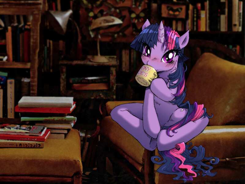 Size: 1024x768 | Tagged: anatomically incorrect, artist:buttercupsaiyan, blushing, book, coffee, cup, derpibooru import, drinking, flexible, hoof hold, incorrect leg anatomy, looking at you, mug, safe, sitting, solo, spread legs, twilight sparkle