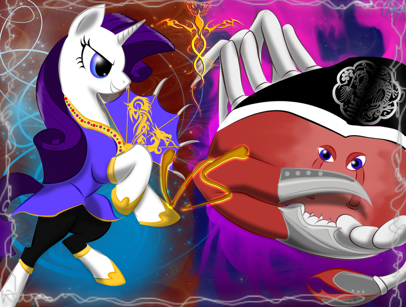 Size: 1024x777 | Tagged: artist:cloclo2388, crab, derpibooru import, giant crab, rarity, rarity fighting a giant crab, safe