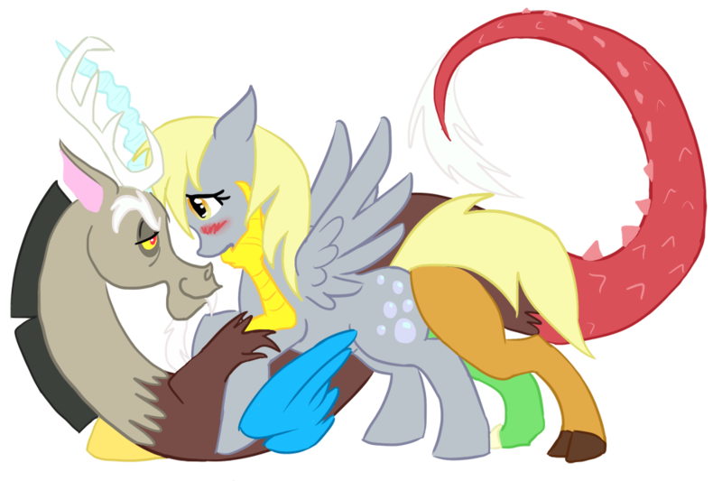 Size: 1000x666 | Tagged: suggestive, artist:bux, derpibooru import, derpy hooves, discord, pegasus, pony, blushing, crack shipping, derpcord, female, interspecies, male, mare, shipping, straight